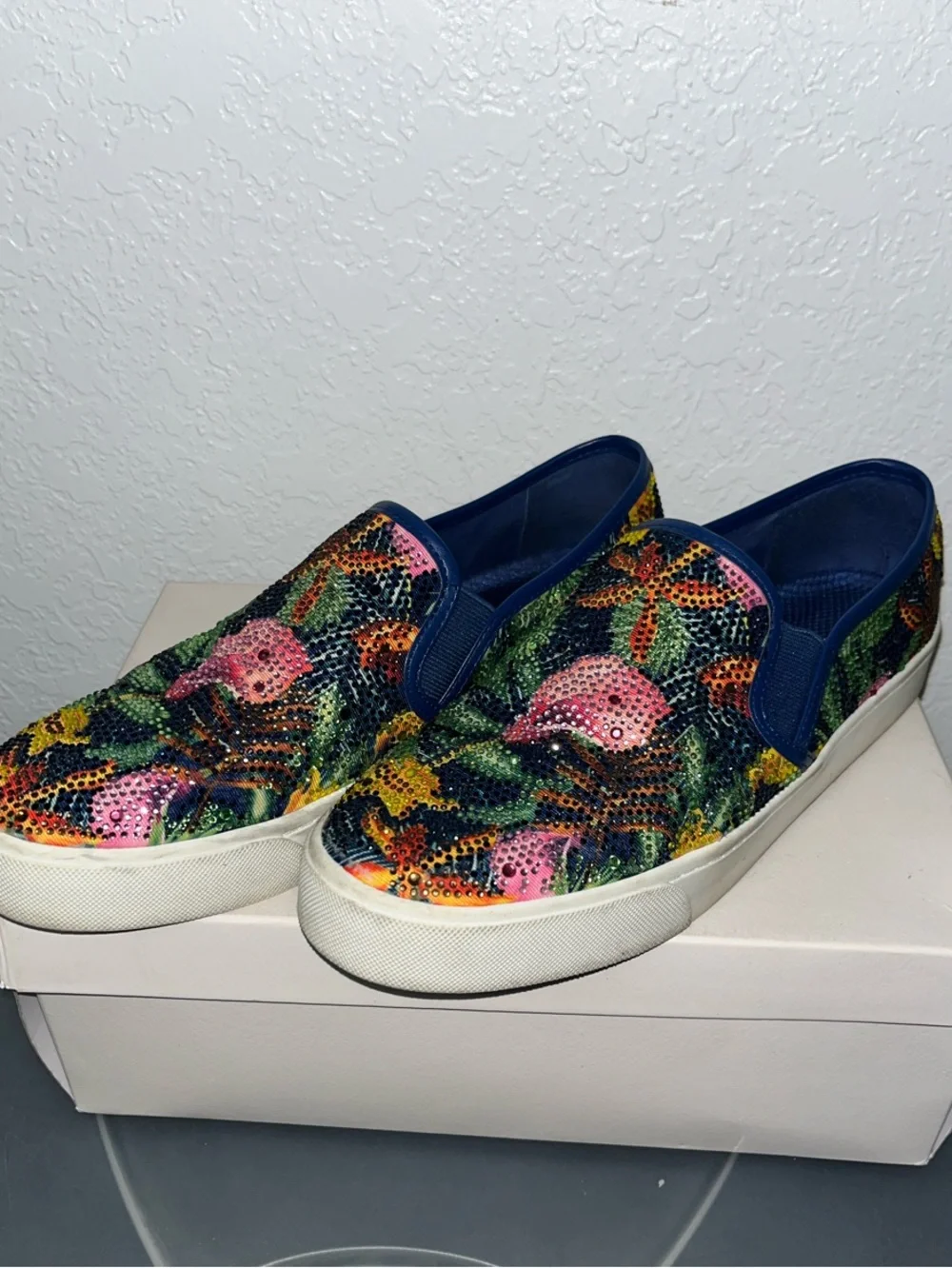 Alex Marie Floral Rhinestone Slip-On Sneakers in Navy, Pink, Green, Yellow